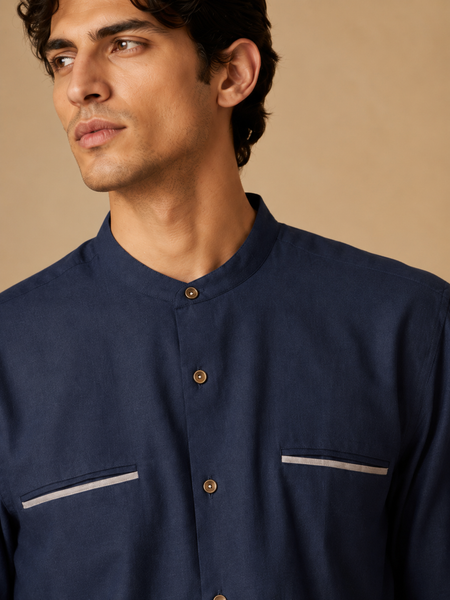 Blue & Grey Malai Cotton Shirt (Atlantic Sea-Salt & Truffle Float) - MM0931