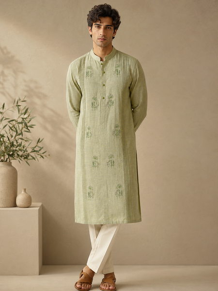 Green & Yellow 100% Linen Kurta Set (The Matcha & Wild Meadow) - MMK0678