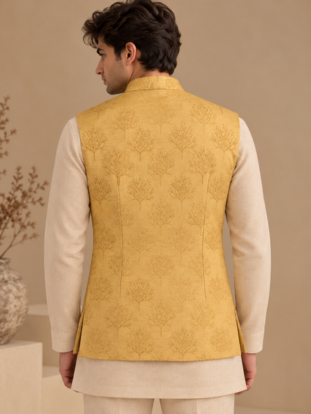 Mustard Yellow Silk Jacquard Modi Jacket (The Sunlit Forest) - MMWC0249