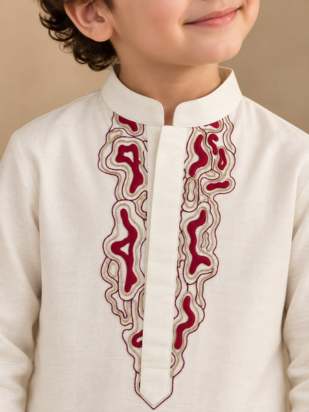 Ivory Bemberg silk Kurta Set (Cream & Spiced Cherry) - MMKWCUS007