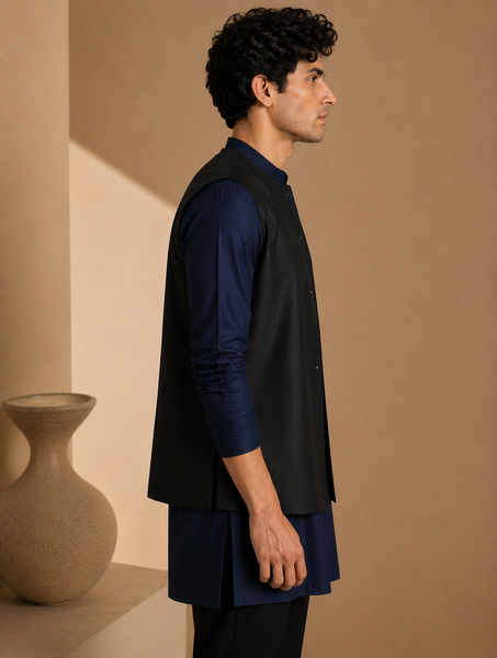 Black Bemberg Silk Short Open Jacket (The Midnight Starlight) - MMSOJCUS001