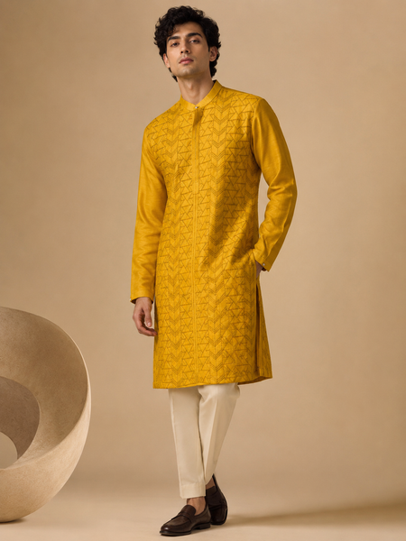 Yellow Chanderi Kurta Set (Spiced Turmeric & Ginger-Glaze Linear) - MMK0669