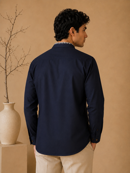 Navy Blue Malai Cotton Shirt (The Linear Midnight) - MM0934