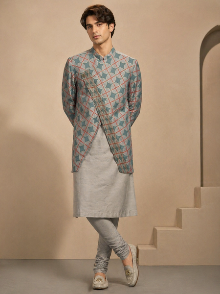 Blue/Grey Muslin Kurta Set (Double-Layer Prism) - MMK0666