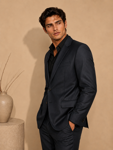 Midnight Blue Italian Wool Blazer (Deep Indigo Cacao & Brass Float) - MMJCUS003