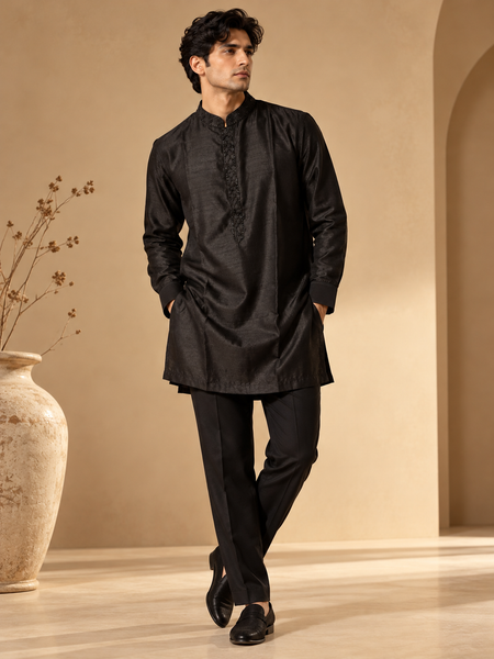 Black Bemberg Silk Short Kurta (The Jet Noir) - MMSKCUS001