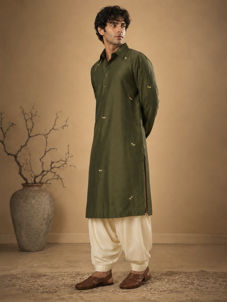Olive Green Cotton Silk Kurta Set (Forest Gold Dragonfly) - MMKCUS003