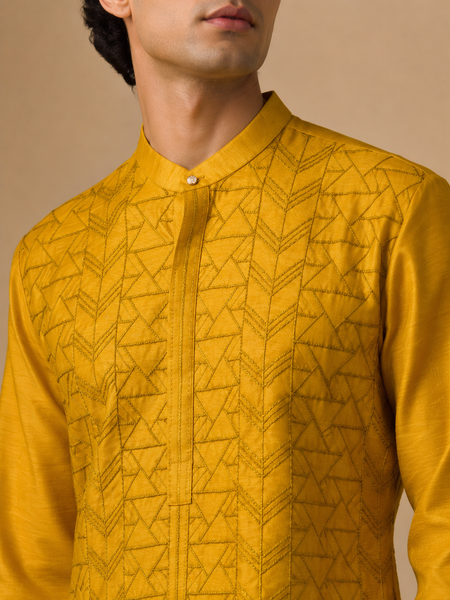 Yellow Chanderi Kurta Set (Spiced Turmeric & Ginger-Glaze Linear) - MMK0669