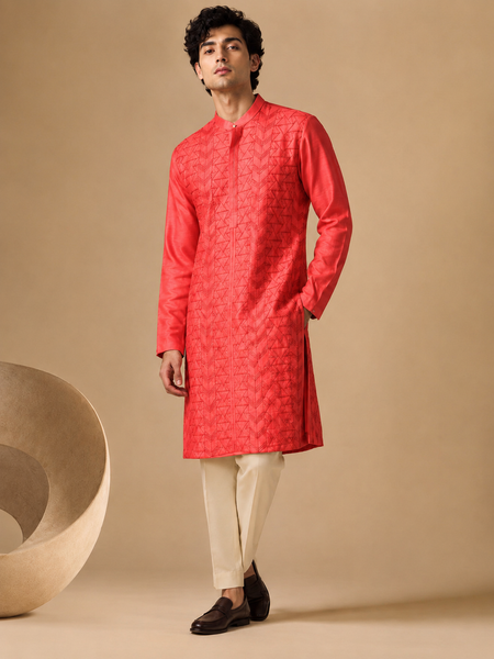 Coral Red Chanderi Red Kurta Set (The Coral Meridian) - MMKCUS002