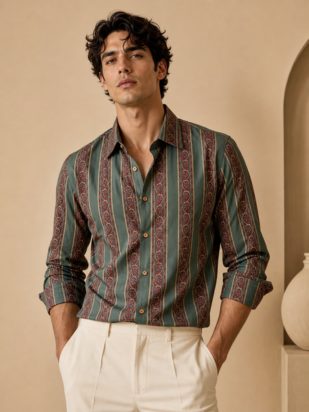 Green Printed Cotton Shirt (Botanical Grid Heritage) - MM0924