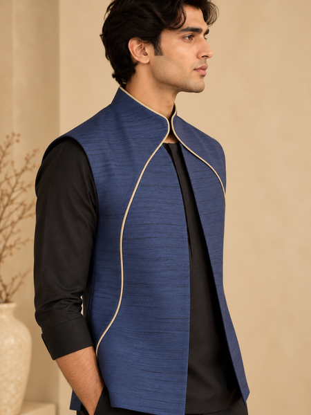 Royal Blue Bemberg Silk Short Open Jacket(The Blue Lotus) - MMSOJ031