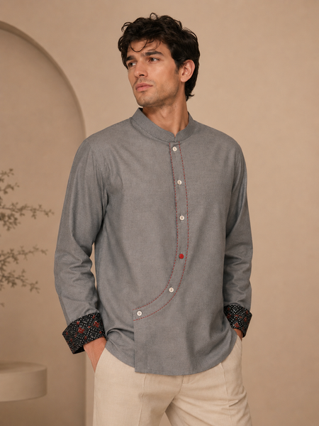 Grey/Blue Malai Cotton Short Kurta (Frosted Ash & Pomegranate Float) - MMSK075