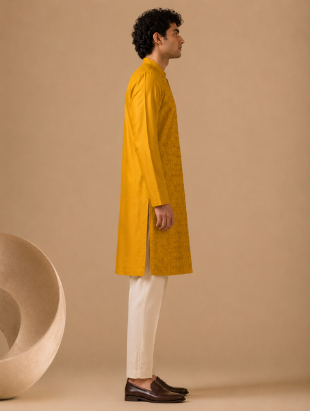 Yellow Chanderi Kurta Set (Spiced Turmeric & Ginger-Glaze Linear) - MMK0669