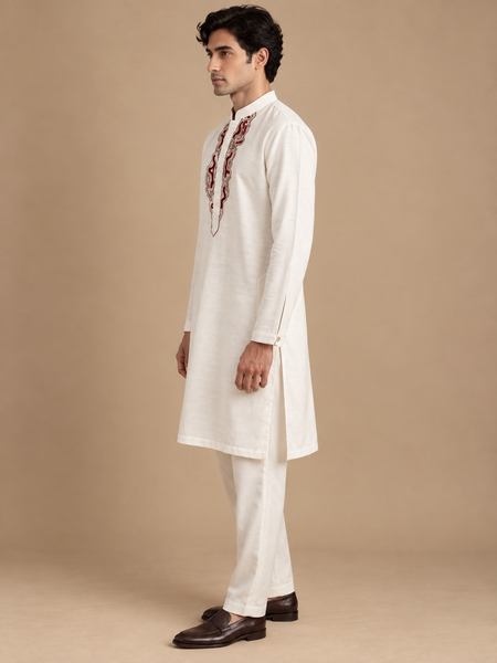 Ivory Bemberg Silk Kurta Set (The Cream & Spiced Cherry) - MMK0681