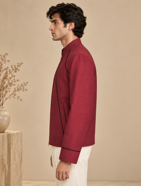 Maroon & Black Malai Cotton Bomber Jacket (The Spiced Plum) - MMBJ058