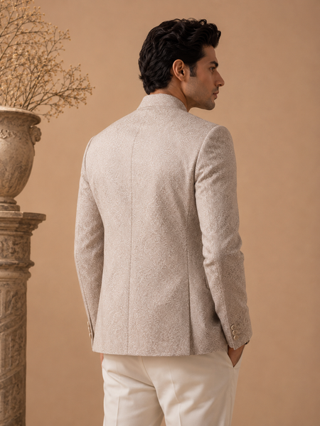 Cream & Gold Jacquard Bandhgala (Champagne Damask) - MMJCUS001