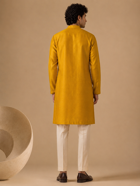 Yellow Chanderi Kurta Set (Spiced Turmeric & Ginger-Glaze Linear) - MMK0669