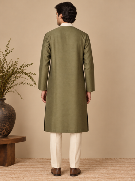 Olive Green & Beige Cotton/Silk Kurta Set (The Pistachio & Cream) - MMK0680