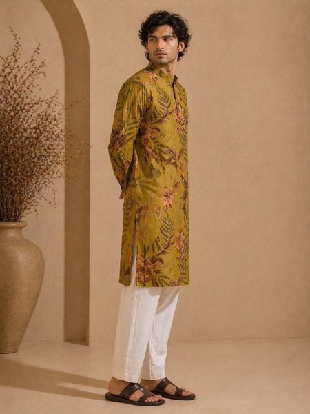Mustard Cotton Printed Kurta Set (Spiced Turmeric Sovereign) - MMK0656