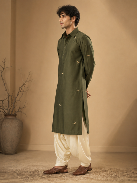 Olive Green Cotton Silk Kurta Set (Forest Gold Dragonfly) - MMKCUS003