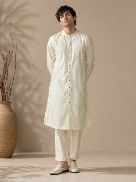 Beige Bemberg Silk Kurta Set (Sand Luxe) - MMK0662