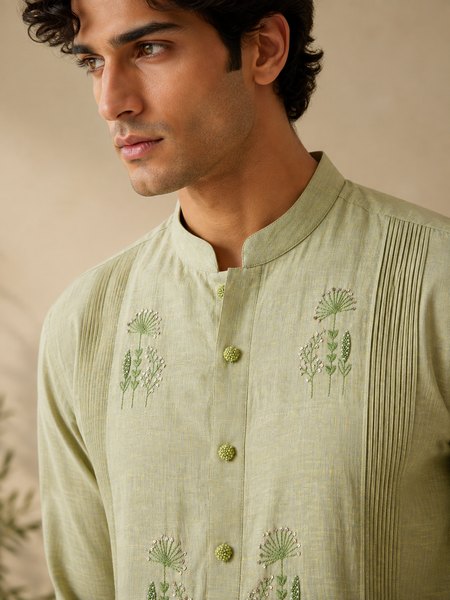 Green & Yellow 100% Linen Kurta Set (The Matcha & Wild Meadow) - MMK0678