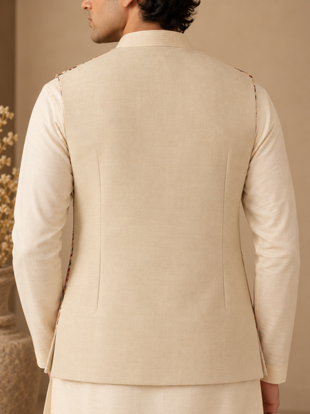Beige Floral Silk/Cotton/Chanderi Short Open Jacket (The Spring Bloom) - MMSOJ030
