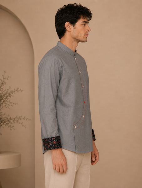 Grey/Blue Malai Cotton Short Kurta (Frosted Ash & Pomegranate Float) - MMSK075