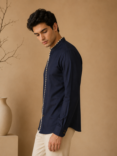 Navy Blue Malai Cotton Shirt (The Linear Midnight) - MM0934