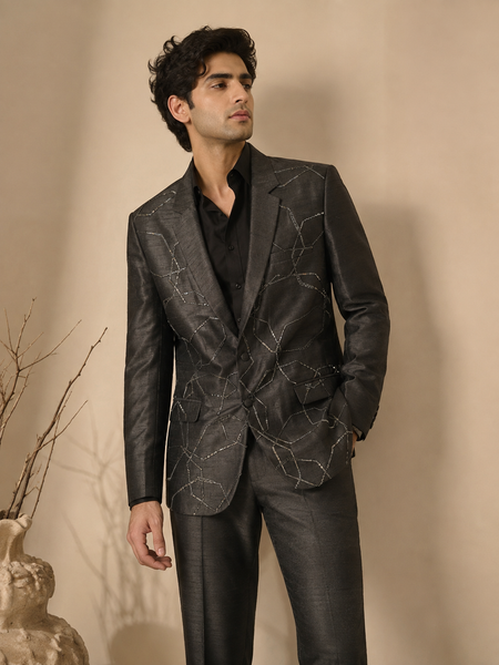 Black Bemberg Silk Blazer (The Midnight Constellation) - MMJ0167