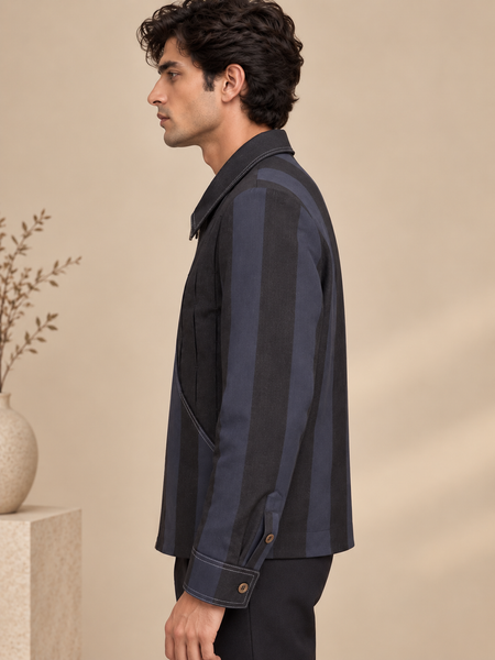 Black & Blue Linen Bomber Jacket (Midnight Navy Slash) - MMBJ055