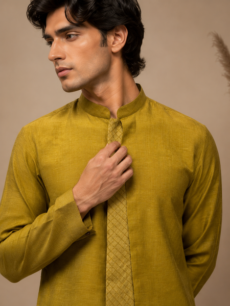Moss Green Chanderi Kurta Set (Moss Gold Lattice Accent) - MMK0670
