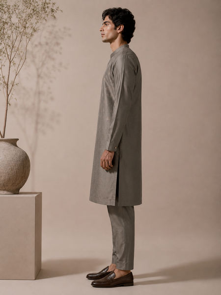 Grey Bemberg Silk Kurta Set (Muted Ganache & Shimmering Chestnut) - MMKCUS001