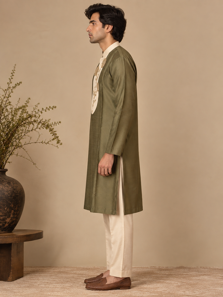 Olive Green & Beige Cotton/Silk Kurta Set (The Pistachio & Cream) - MMK0680