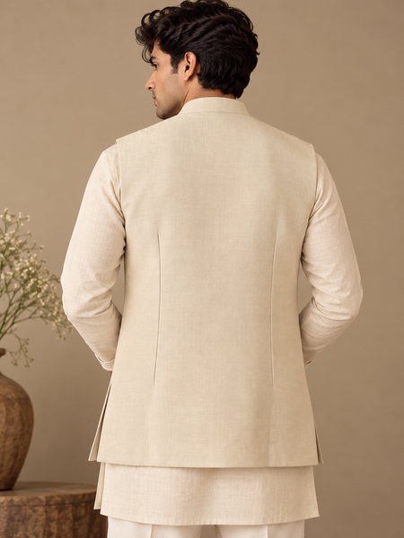 Beige Floral Silk/Cotton/Chanderi Short Open Jacket (The Spring Bloom) - MMSOJ030