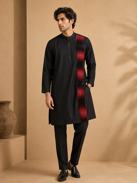 Black & Red Silk Cotton Kurta Set (The Caviar & Crimson) - MMK0676