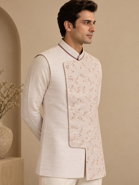 Baby Pink Linen Silk Jacquard Modi Jacket (The Rose Macaron) - MMWC0248
