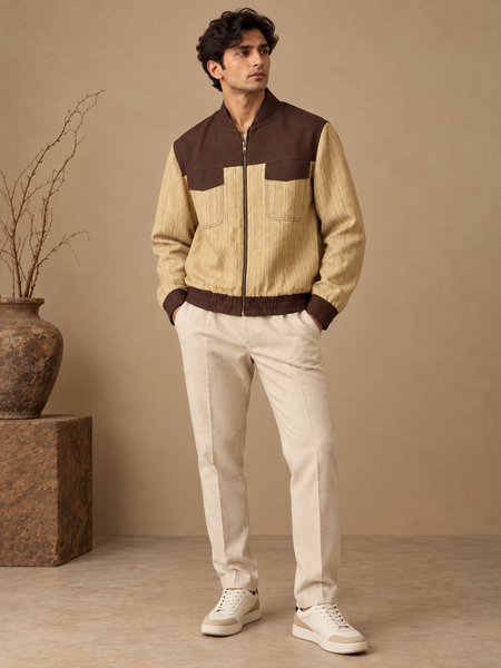Chestnut Brown & Beige Matka Cotton Bomber Jacket (The Roasted Espresso & Oat) - MMBJ060