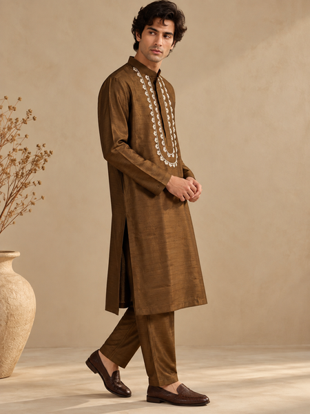 Brown Bemberg Silk Kurta Set (The Smoked Espresso) - MMK0683
