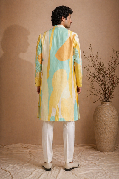 Yellow Printed Muslin Sherwani (Digital Noir) - MMSHR057