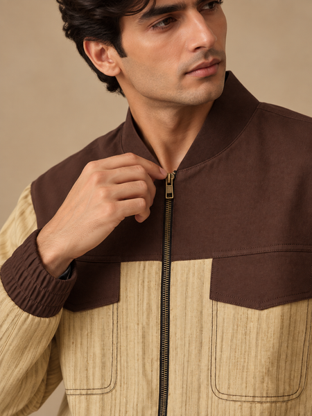 Chestnut Brown & Beige Matka Cotton Bomber Jacket (The Roasted Espresso & Oat) - MMBJ060