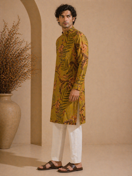 Mustard Cotton Printed Kurta Set (Spiced Turmeric Sovereign) - MMK0656
