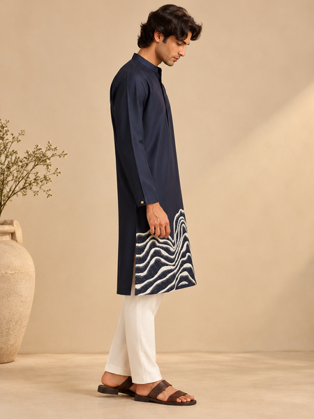 Navy Blue & Ivory Cotton/Silk Kurta Set (The Midnight Ocean Wave) - MMK0684