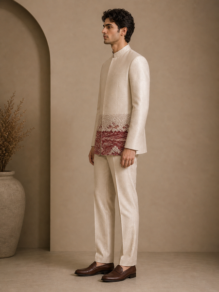 Beige Bemberg Silk Bandhgala (Salted Cream Earth Float) - MMJ0175