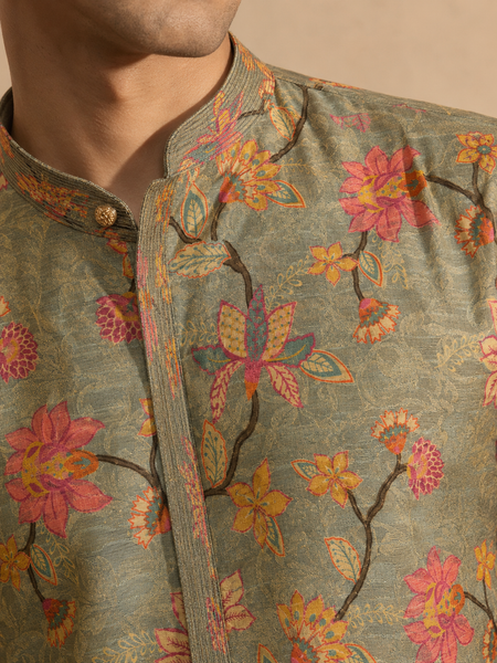 Sage Green Chanderi Printed Kurta (The Verdant Blossom) - MMKCUS004