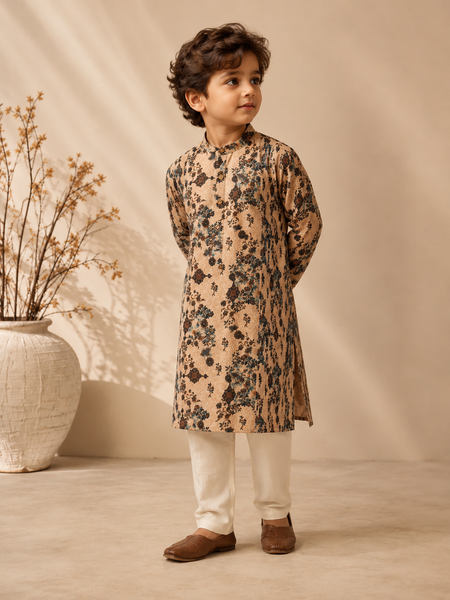 Beige Printed Chanderi kurta Set (The Toasted Cereal Flora) - MMKWCUS012