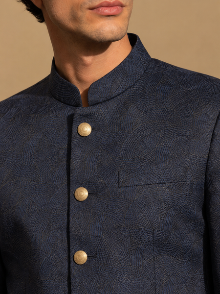 Midnight Blue Jacquard Bandhgala (Sapphire Ganache)- MMJCUS002