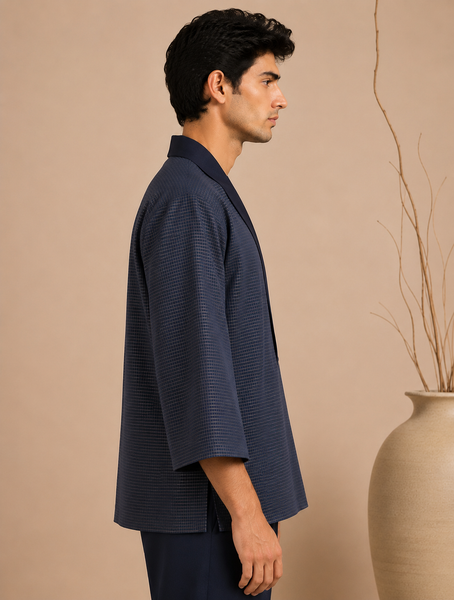 Navy Blue Kota Silk/Cotton Jacket/Coat (The Midnight Kimono) - MMJC001