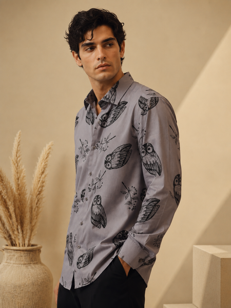 Moonstone Grey Printed 100% Cotton Shirt (Moonstone Nocturne) - MMCUS002