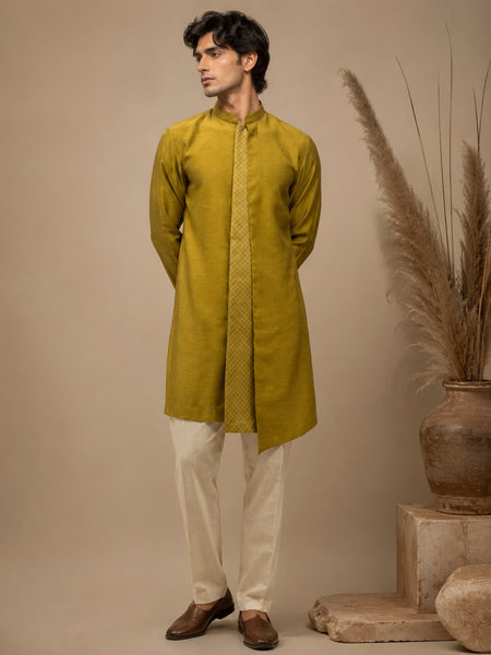 Moss Green Chanderi Kurta Set (Moss Gold Lattice Accent) - MMK0670
